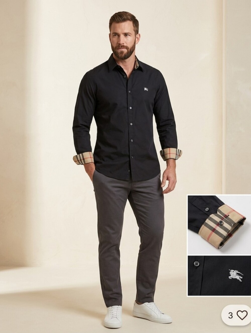 Mens's Burberry Black Button-Up Shirt with Signature Trim